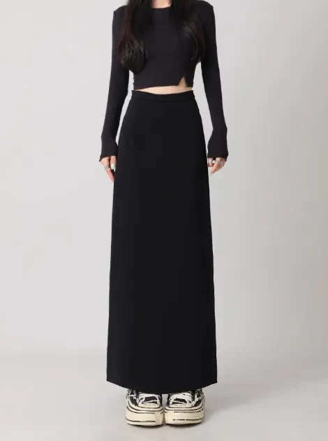 Back Slit Straight Tube Slimming High Waist Black Long Skirt
