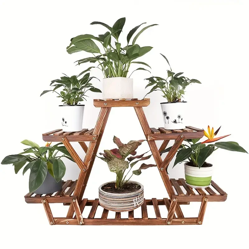 6-Tier Wooden Plant Stand - Waterproof Carbonized Wood Display Rack for Indoor & Outdoor Use
