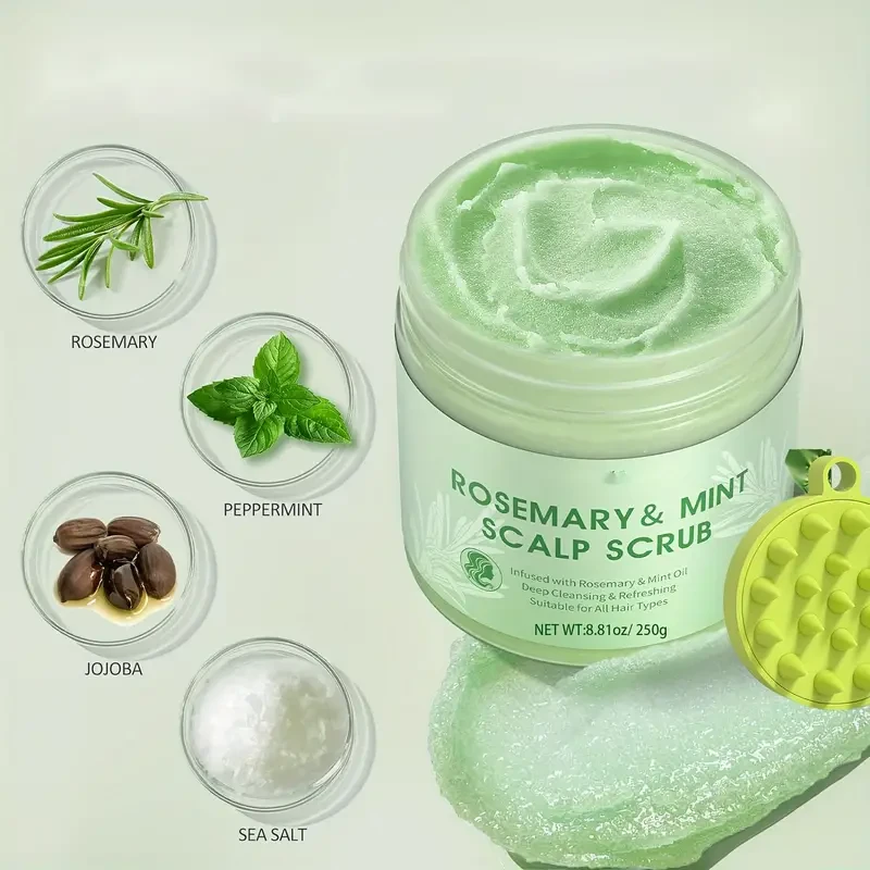 Rosemary & Peppermint Scalp Scrub - 250g Deep Cleansing Shampoo with Massager for All Hair Types