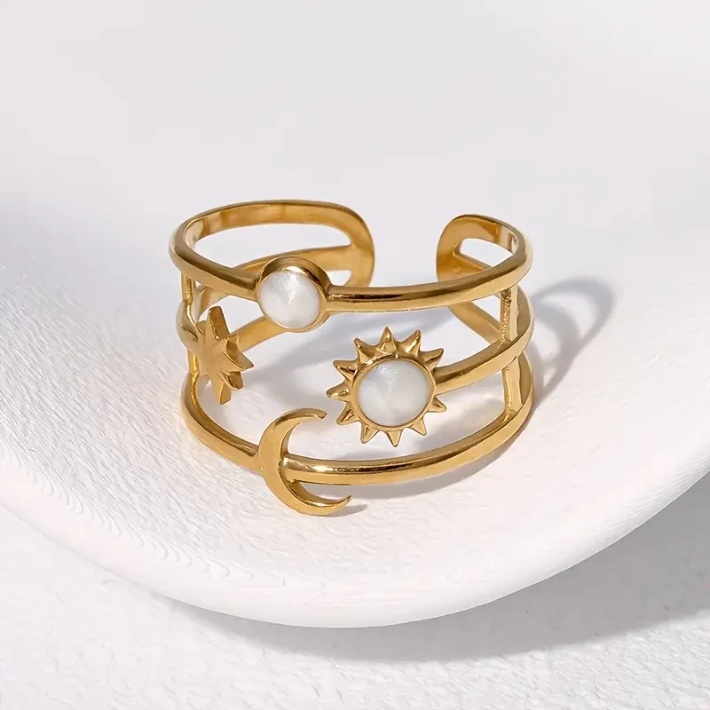 1pc Womens Adjustable Open Ring  Minimalist Stainless Steel Bangle with Sun, Star & Moon Charms | Elegant, Durable Jewelry for Everyday & Formal Wear in NZ