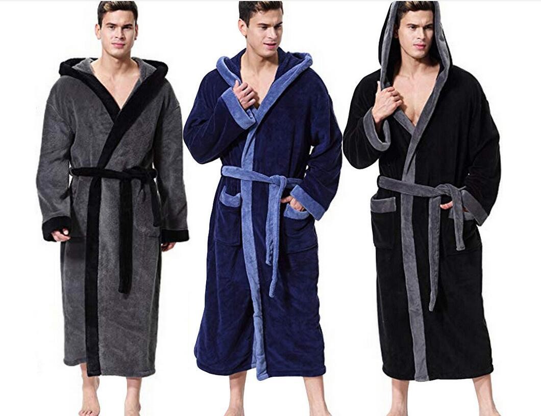 Men's Simple Colorblock Hood Patch Pocket Bathrobe