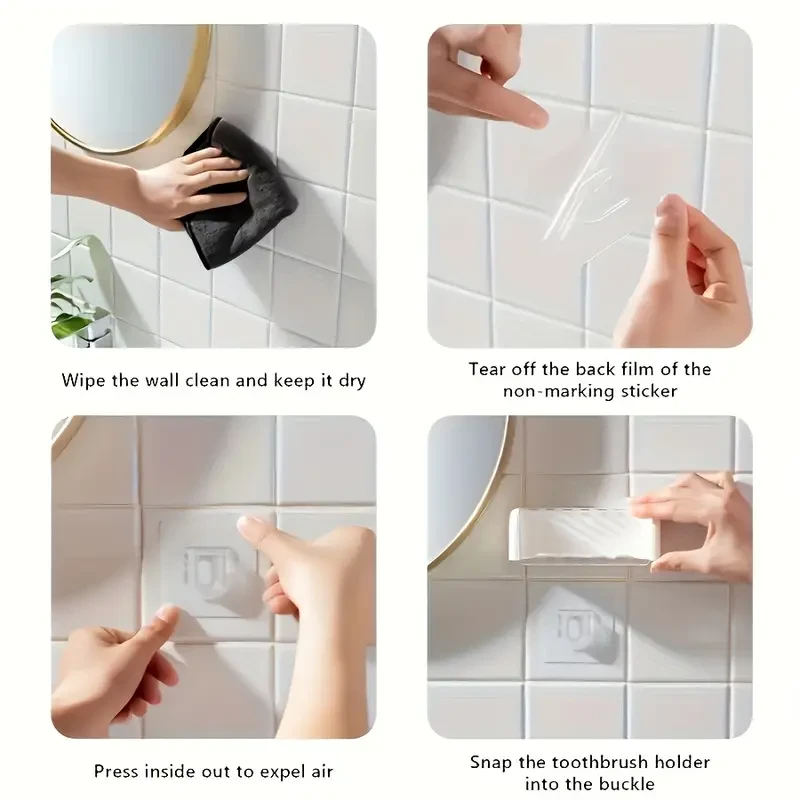 Self-adhesive Wall Toothbrush Storage Rack, Plastic Bathroom Supplie