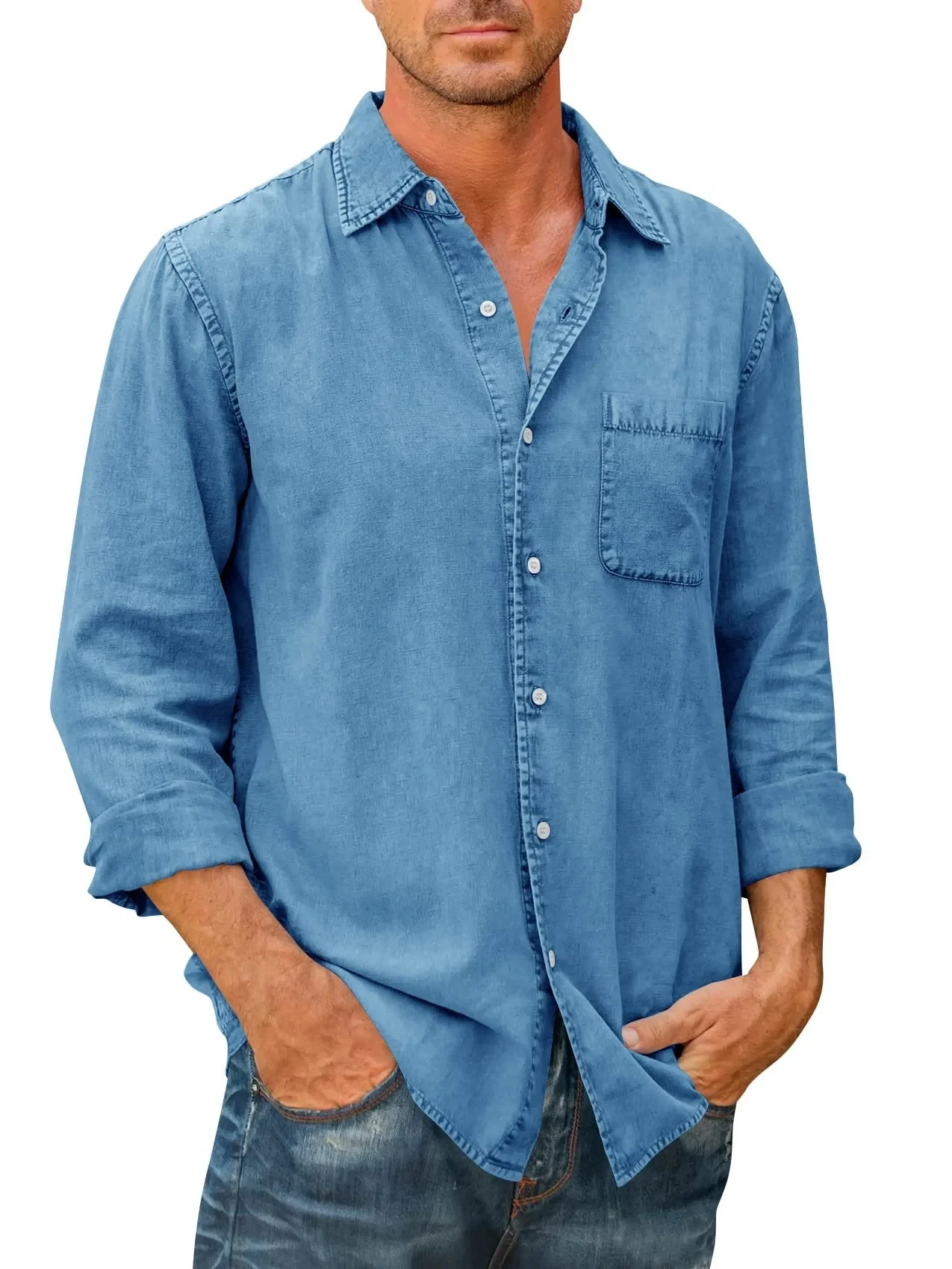 Last Day 50% OffMens Denim Long Sleeve Button Down Shirt