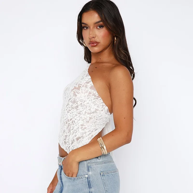 Ins Lace Backless Top Summer Solid Color Waistless Asymmetrical Sloped Neck Vest