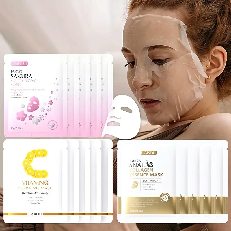 15 Masks, Including 5 with Vitamin C, 5 with Korean Snail Essence, and 5 with Japanese Sakura - Perfect Gift for Christmas,
