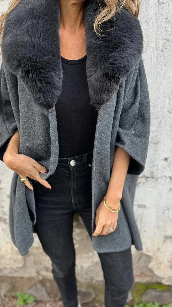 Women's Loose Long Sleeve Large Lapel Fur Collar Cape Coat
