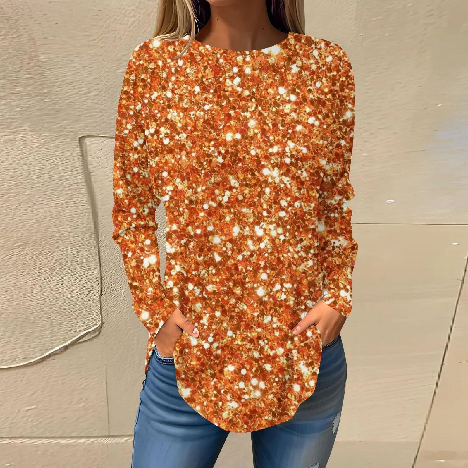 Women's Printed Wear Leisure Round Neck Long Sleeve Top