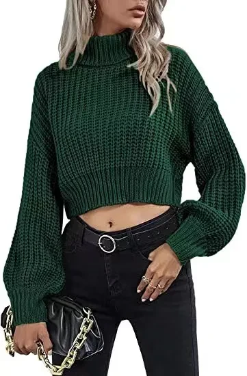 Turtleneck Midriff-baring Knitted Sweater Short