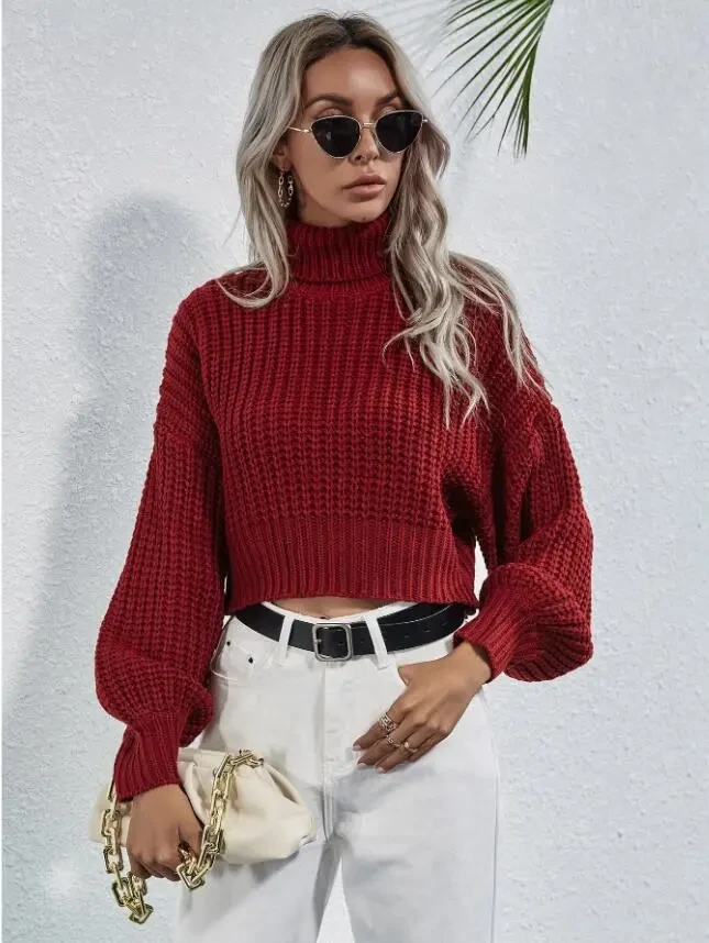 Turtleneck Midriff-baring Knitted Sweater Short