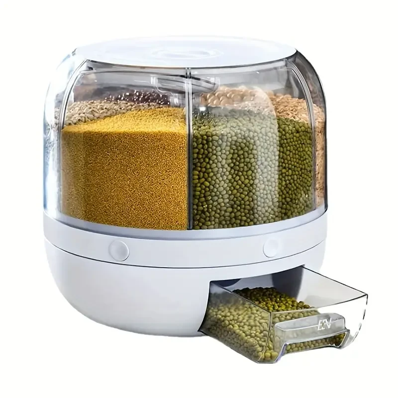 Dispenser 6-Grid Rice Storage Container Rotating Rice Storage Bucket