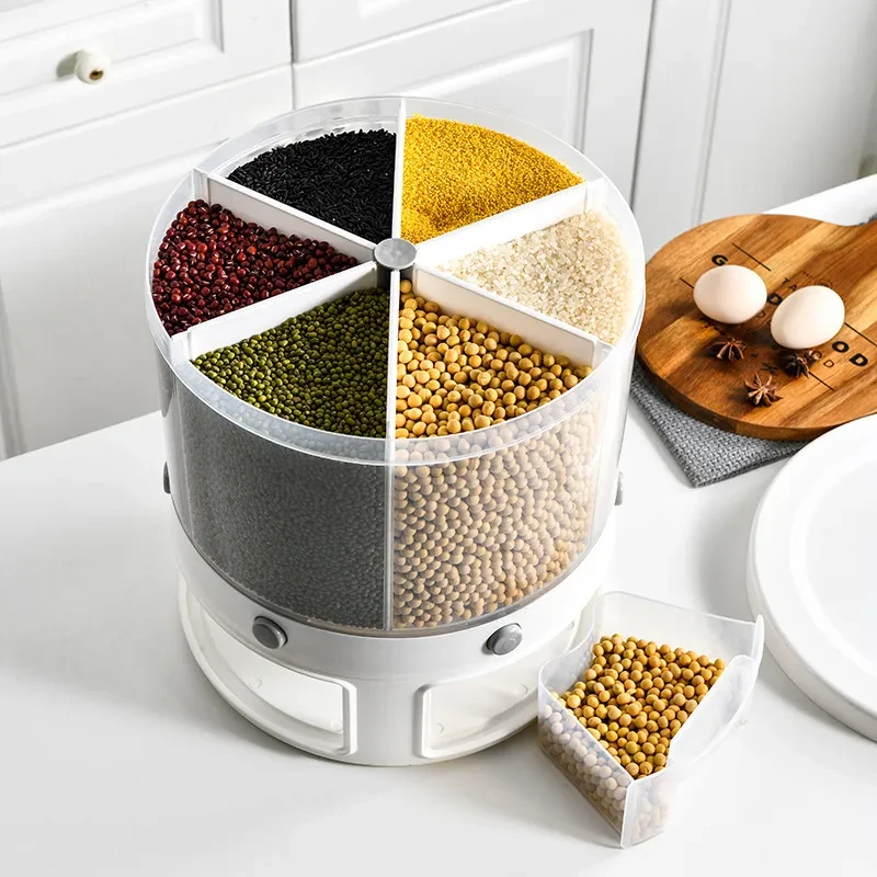 Food Storage Box Rotatable Multi-functional Dividing Rice Bucket Household Insect and Moisture Proof Grains Organizer