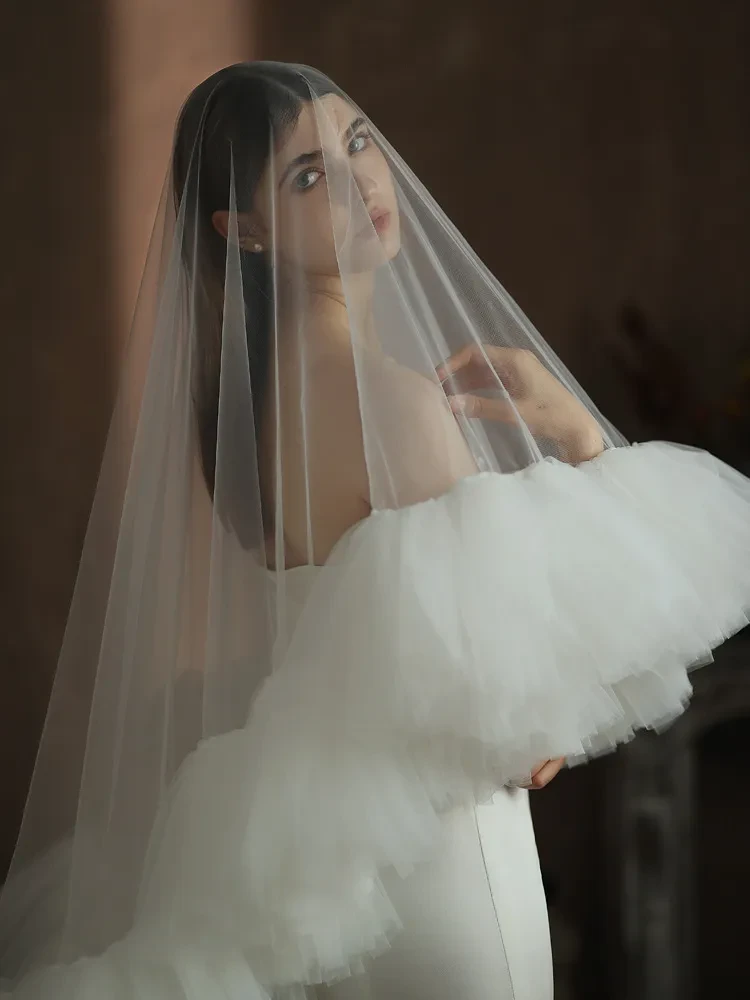 Heavy Industry Ruffled Bridal Veil White Double Layer Studio Travel Photo Exterior Puffy Soft Veil
