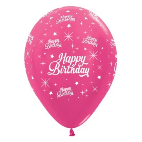 30cm Happy Birthday Fuchsia Metallic Latex Balloons - Pack of 25