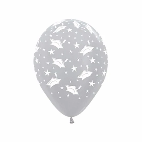 Balloons - Graduation Hats & Stars Metallic Silver  - Pack of 12