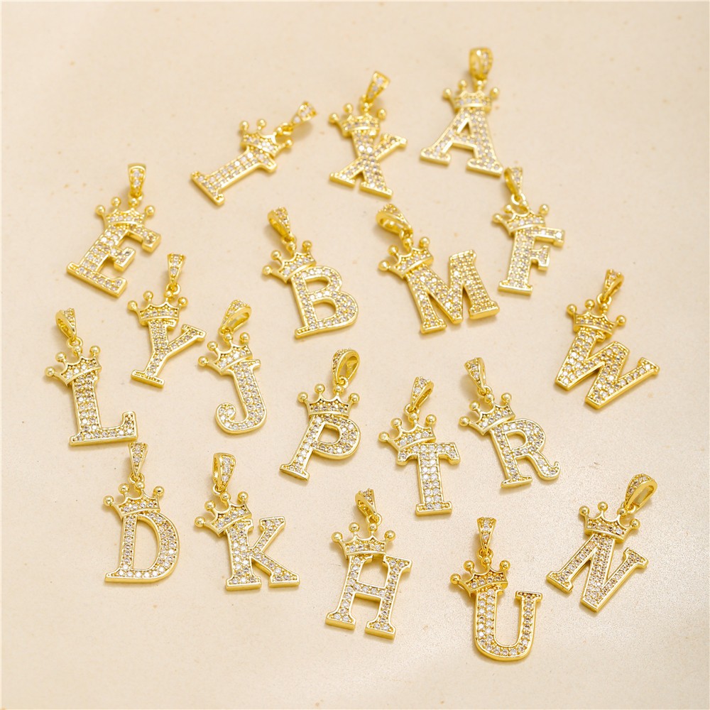 Gold Plated Copper Inlaid Zircon Crown 26 English Letters Full Diamond Pendant Parts