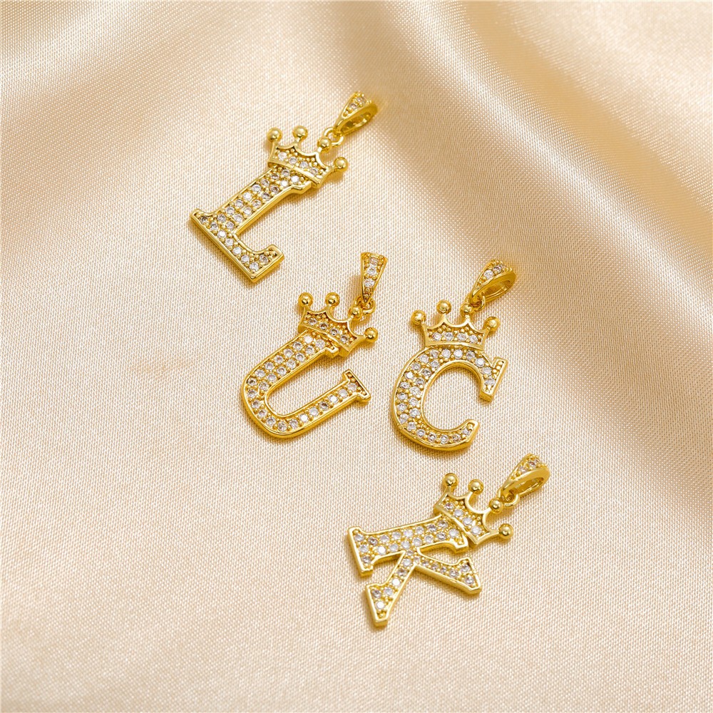 Gold Plated Copper Inlaid Zircon Crown 26 English Letters Full Diamond Pendant Parts