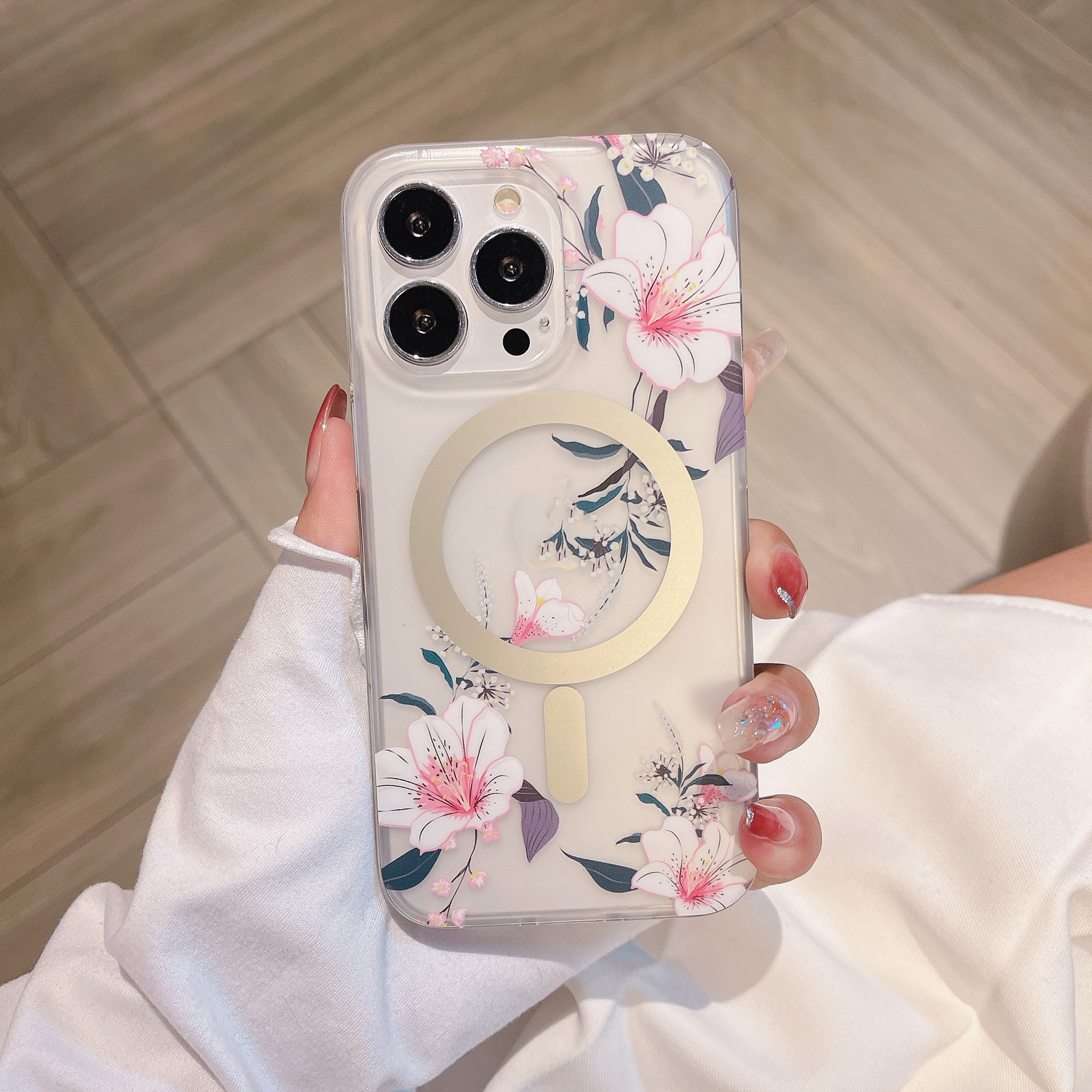 Magnetic Suction Clear Frosted Flower Phone Case