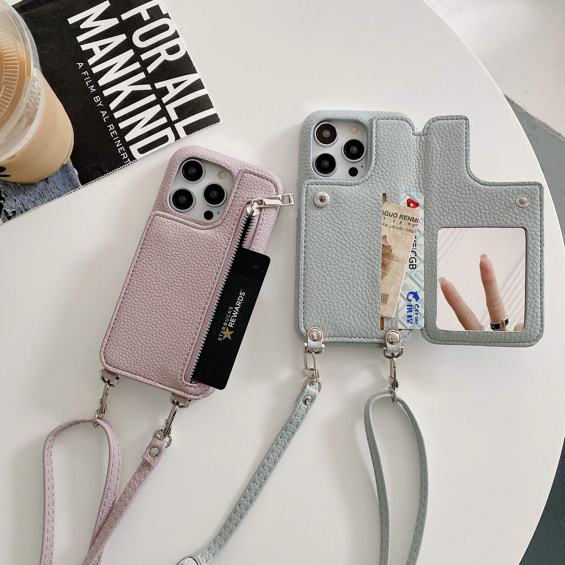 Phone Case Lychee Pattern Card-inserting Beauty Mirror Crossbody