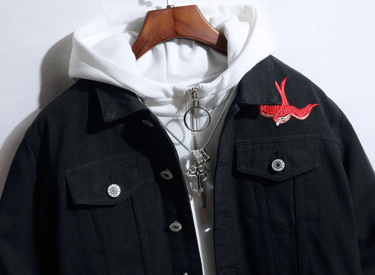 Mens Black Hooded Denim Jacket