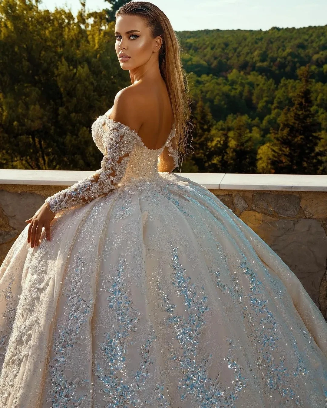 Long Sleeve Silver Sequin Gown