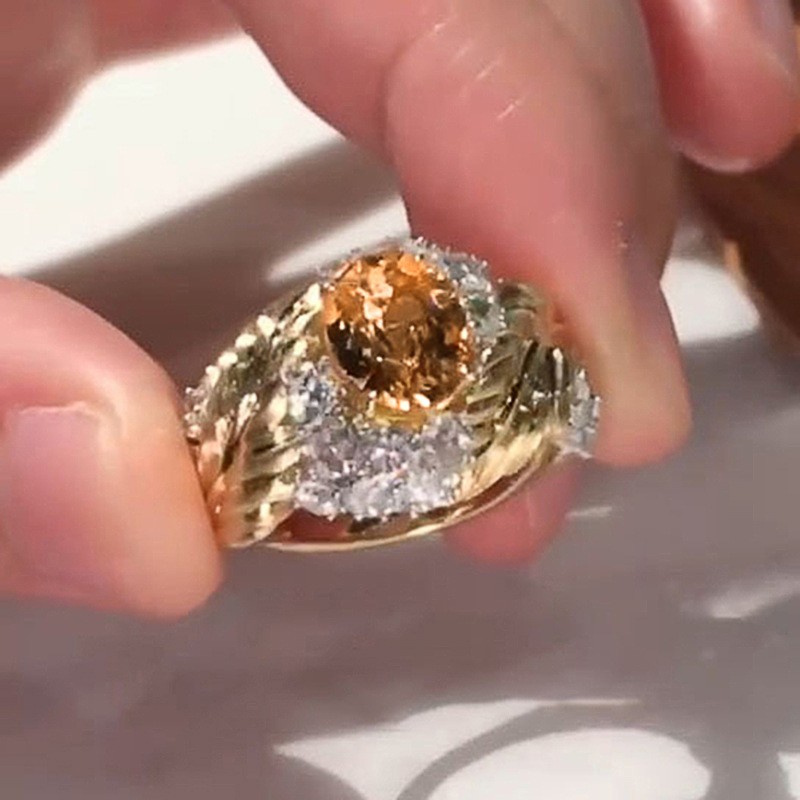 Embossed Feather Ring Female Fashion Exquisite Ring Inlaid Yellow Zircon Style