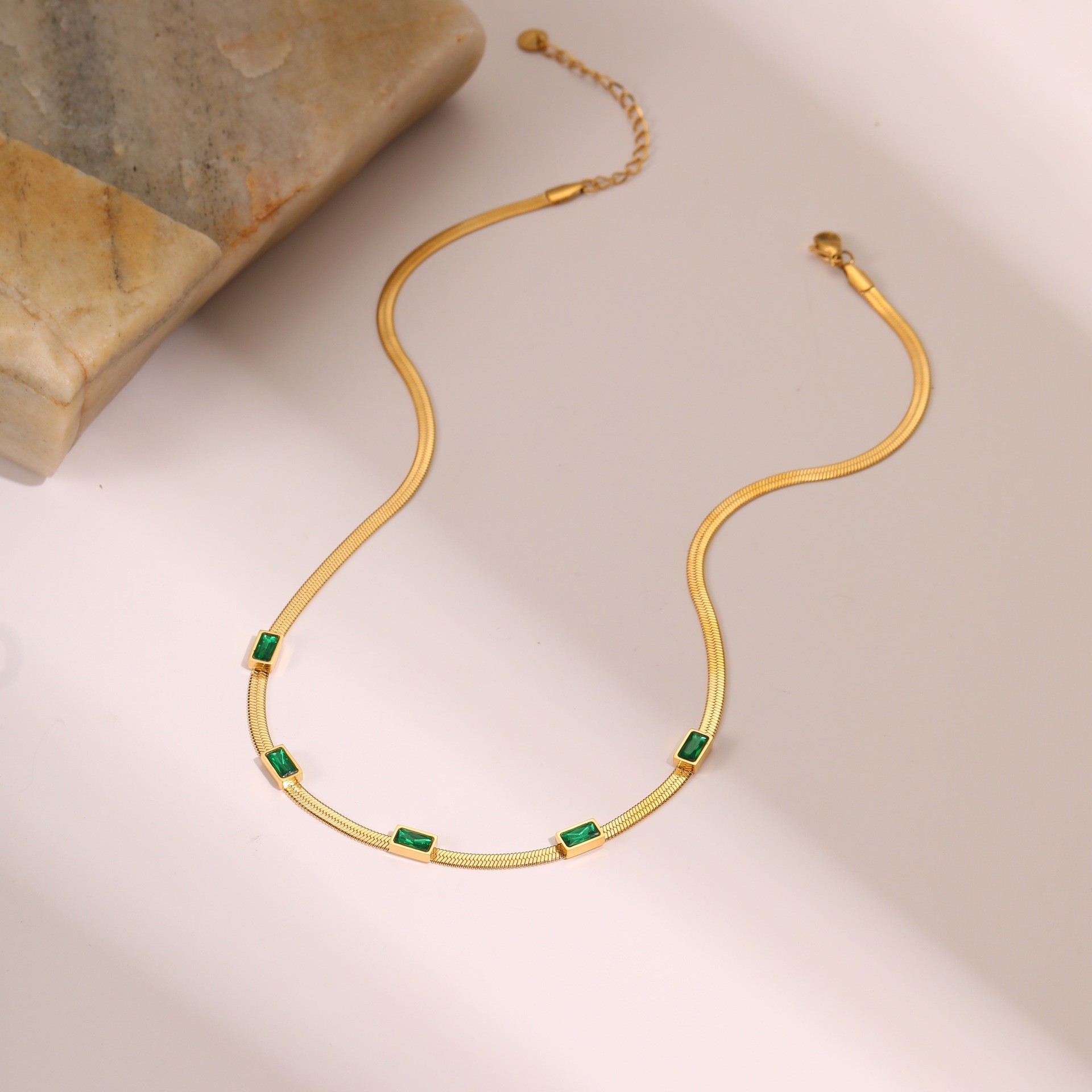 RETRO Geometric Square Zircon Necklace Stainless Steel Necklace Chain Like Flat Snake