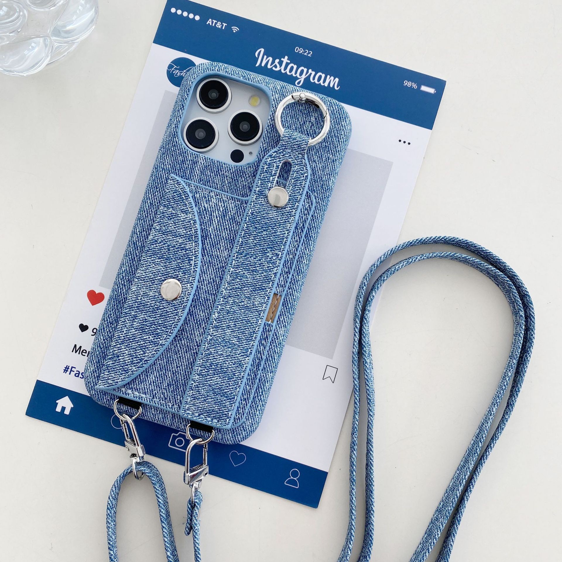 Leather Phone Case Iphone15 Denim Pattern Wrist Strap