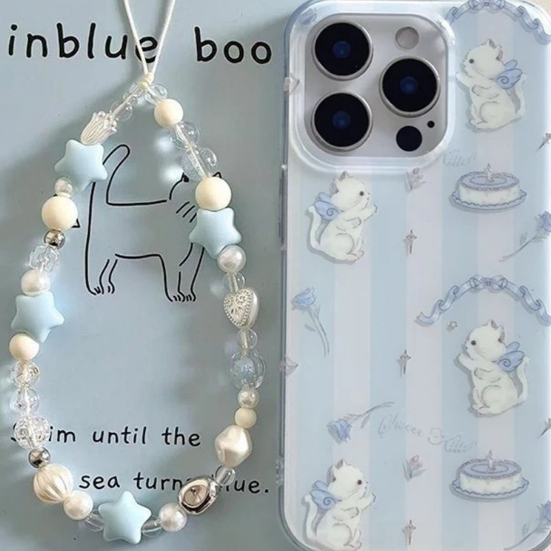 Applicable Mobile Phone Blue And White Striped Cat Lanyard Protective Cover