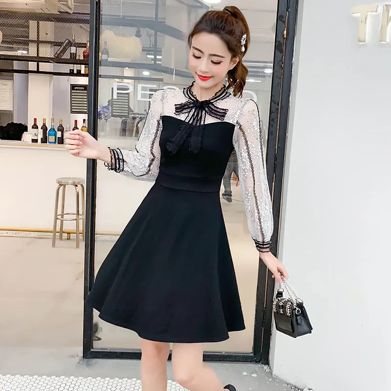 Lace stitching mid-length temperament dress