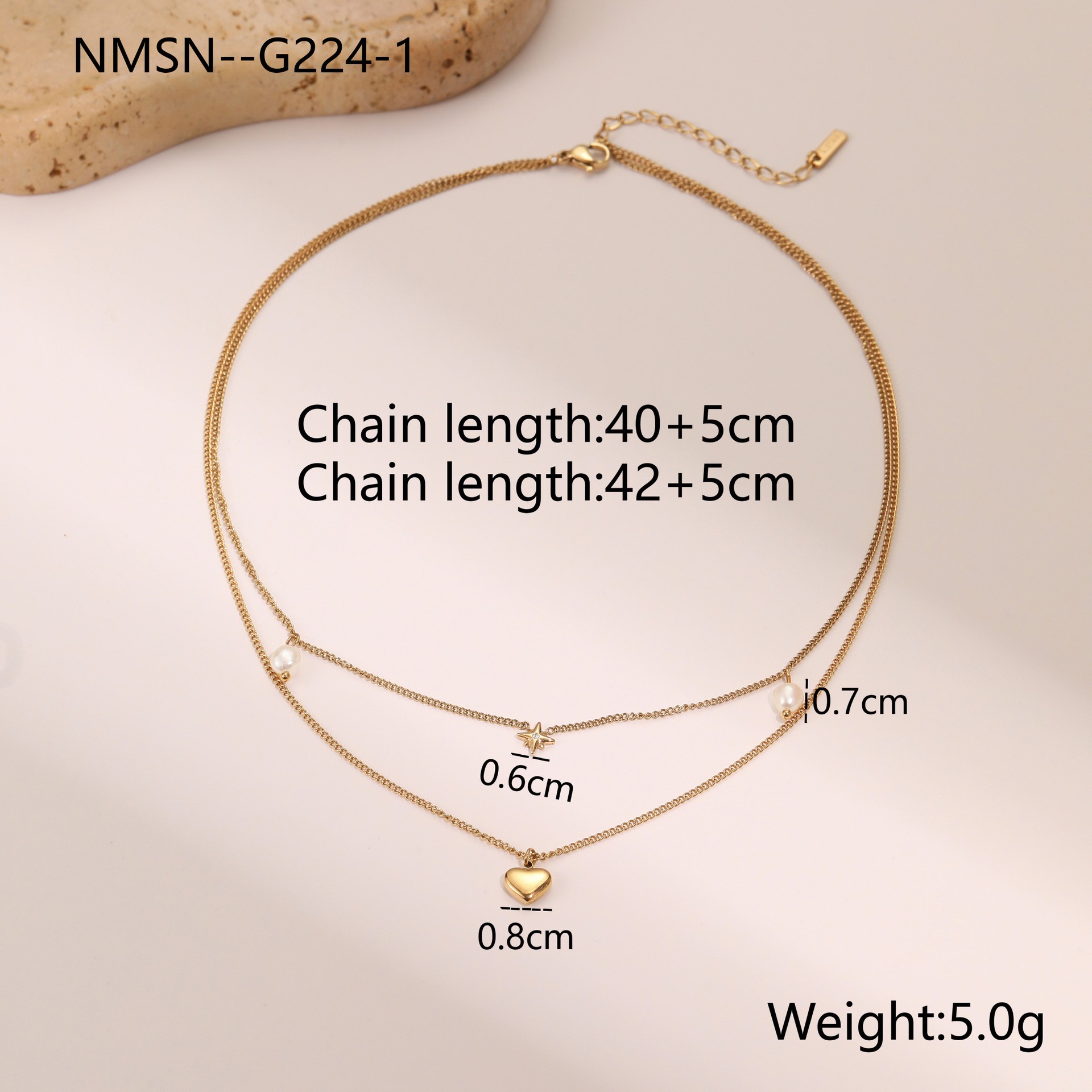 Double-layer Six-pointed Star Rhinestone Pearl Stainless Steel Necklace 18K Gold Plating Ins Design Sense