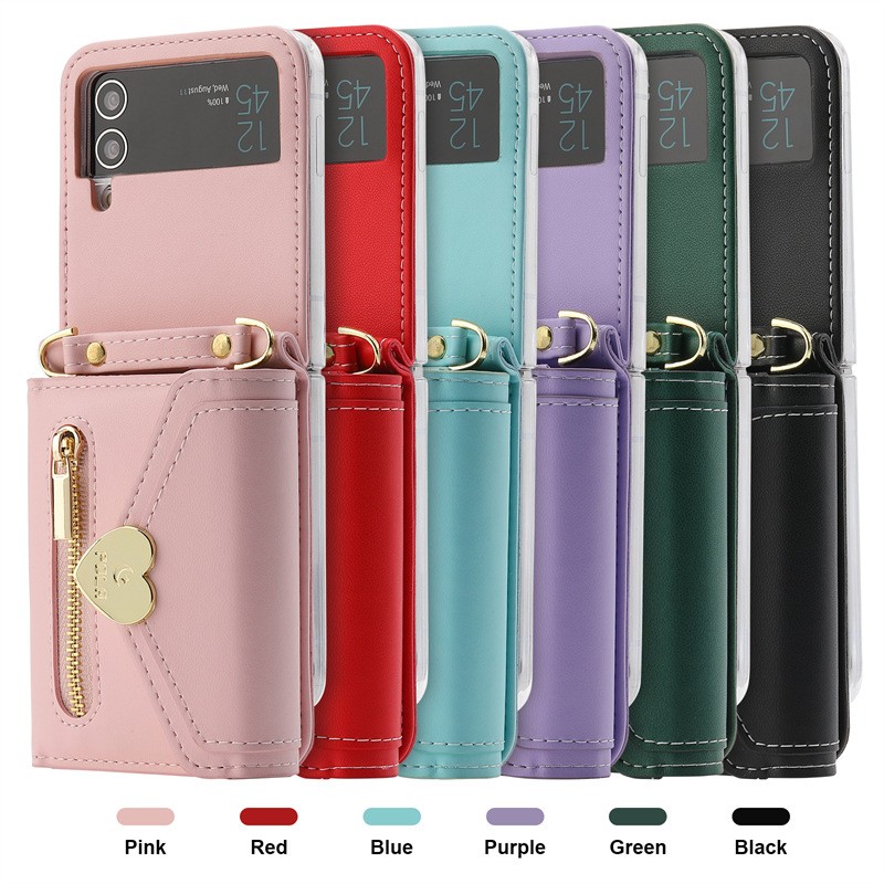 Folding Leather Case Metal Heart Large Capacity Zipper Phone Case