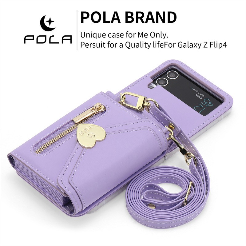 Folding Leather Case Metal Heart Large Capacity Zipper Phone Case