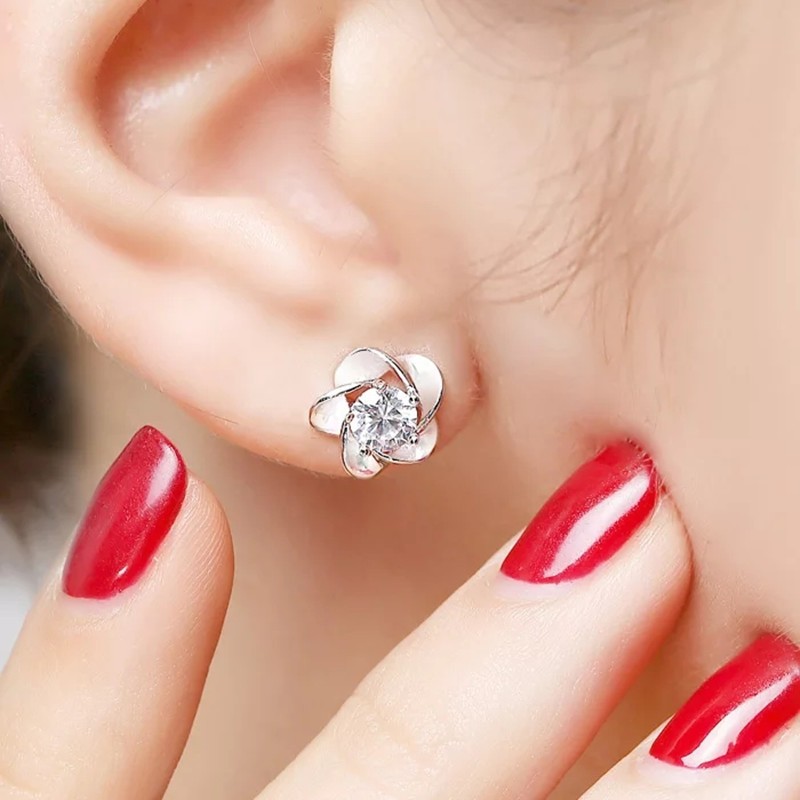 White Copper Silver-plated Peach Blossom Temperament Earrings