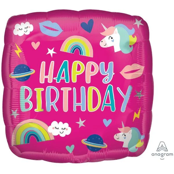 Balloon - 45cm Standard HX Happy Birthday Unicorn Trendy Icons