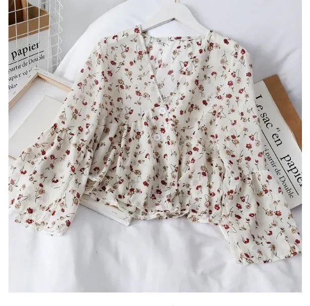 Vintage Floral V-Neck Flared Sleeve Chiffon Shirt For Women