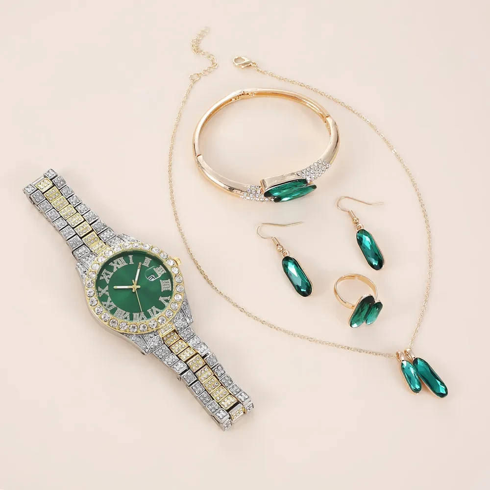Green Steel Belt Quartz Watch Ring Necklace Earrings Suit