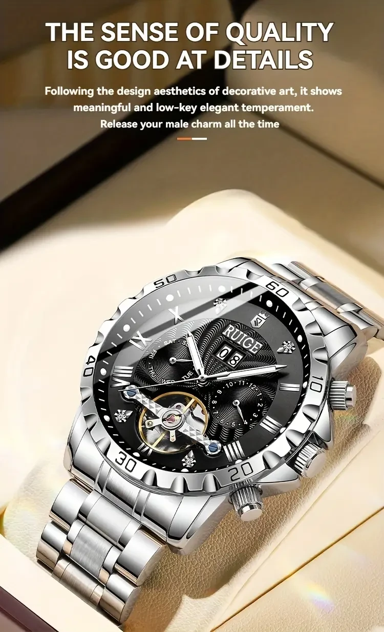 RUIGE Women's Elegant Automatic Mechanical Watch  Stainless Steel Strap, Multifunctional Design for Everyday and Formal Wear