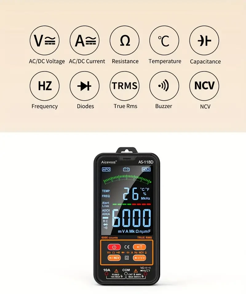 AICEVOOS Smart Digital Multimeter Auto-Ranging Electrical Tester for Voltage, Current & Resistance