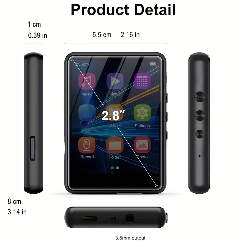 EVISTA 2.8" HD Touchscreen MP3 Player 64GB/128GB, FM Radio, E-Book & Alarm Clock