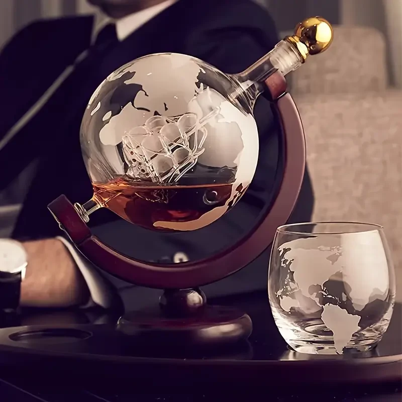 CZHOMMAGIC Whiskey Globe Decanter Set  30oz Crystal Glass Carafe with 2 Etched Glasses (3pcs)