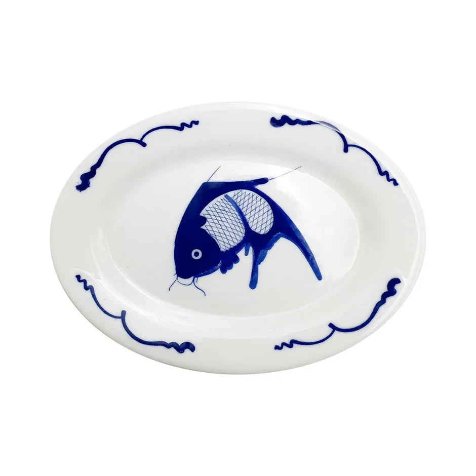 Crockery Plate Oval Blue Carp 8"