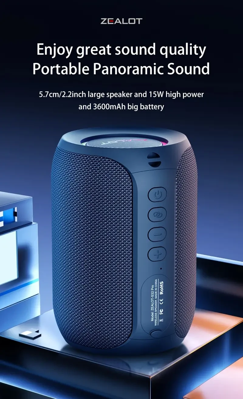 ZEALOT S32 Pro Portable Wireless Speaker Dual Pairing, 12-Hour Battery, USB-C (Charging & AUX Cables Included)