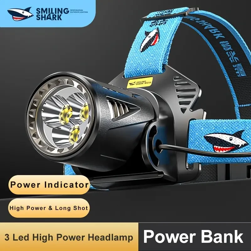 SMILING SHARK TD2003 Ultra-Bright LED Headlamp Type-C Rechargeable, 3 M90 LEDs, Red Warning Light (ABS, USB Cable Included)