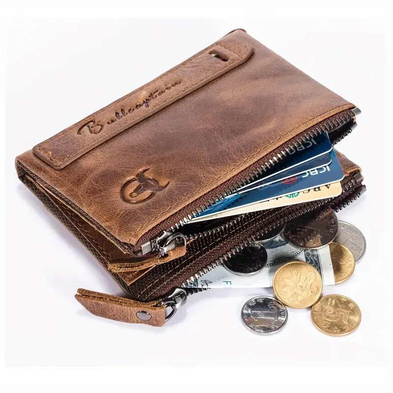 BULLCAPTAIN Mens Genuine Leather Wallet  Vintage Animal Pattern with Braided Weave & Ruffle Detailing (Dual Zipper Pockets, Black)