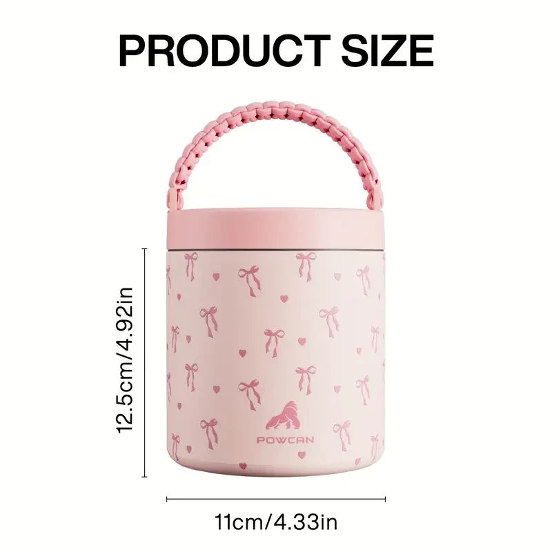 POWCAN 25oz Thermal Insulated Food Jar Pink Bow, Leakproof Vacuum Flask (304 Stainless Steel)