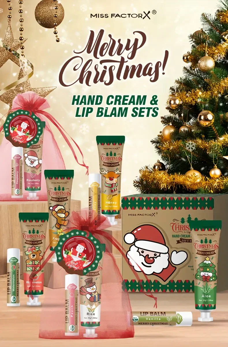 24-Piece Christmas Gift Set Hand Cream & Lip Balm Duo with Festive Cards + Red Tote (MISS FACTORX)