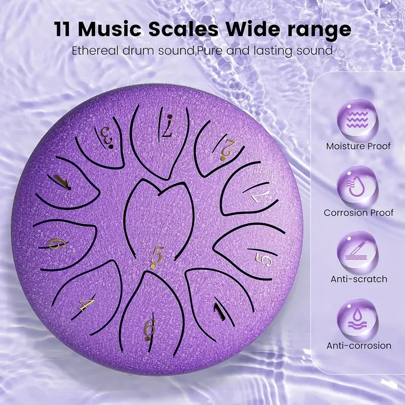 6-Inch (15.2 cm) 11-Note Steel Tongue Chakra Drum With Bag, Mallets & Music Book