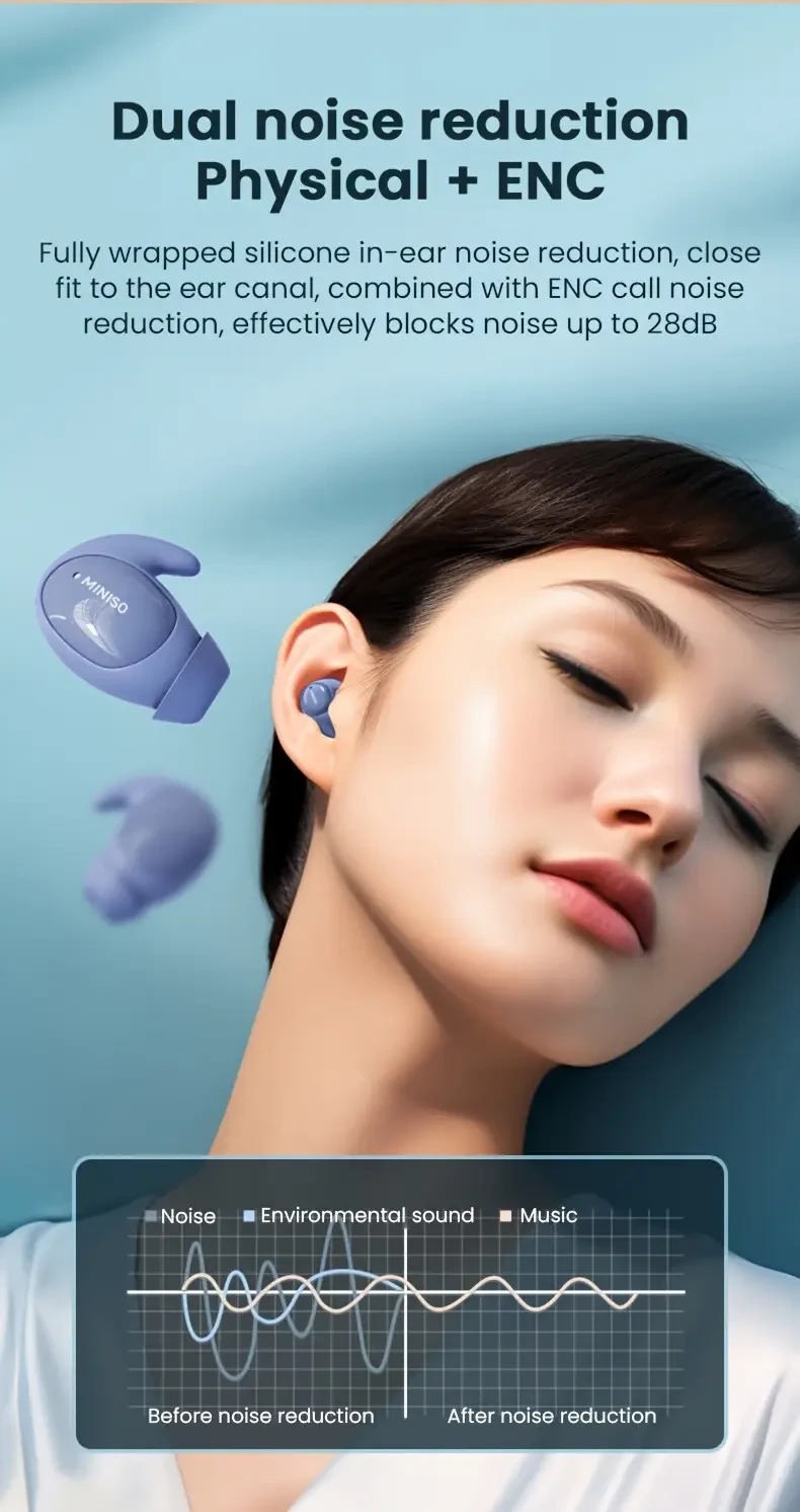 MINISO MS153 Mini Sleeping Earbuds  Low-Profile, Cozy Fit with Noise Reduction & Translation Assist