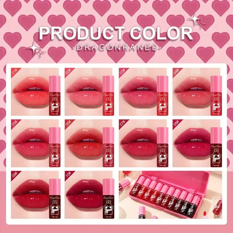 Dragon Ranee Mirror Lip Tint Set 10 PCS Glossy, Moisturizing, and Non-Sticky