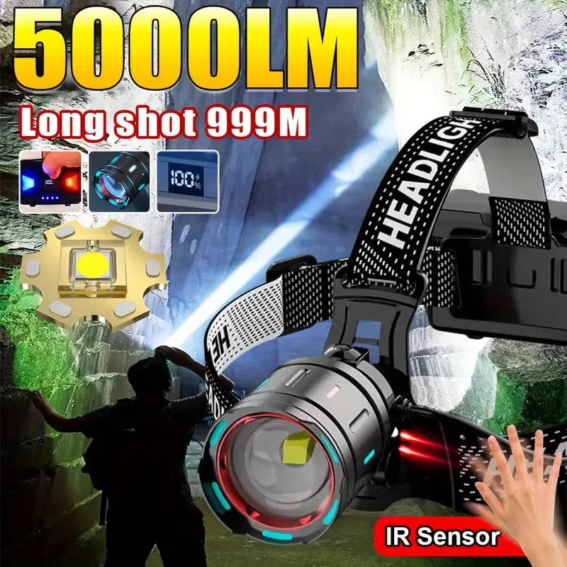 2025 Most Powerful LED Headlamp 5000LM High Brightness, Rechargeable, with 3 Modes for Work, Camping, and Outdoor Adventures
